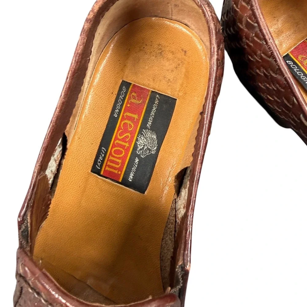A. Testoni Brown Leather Woven Horse Gold Bit Men's Loafers Size UK5 Us 6 G